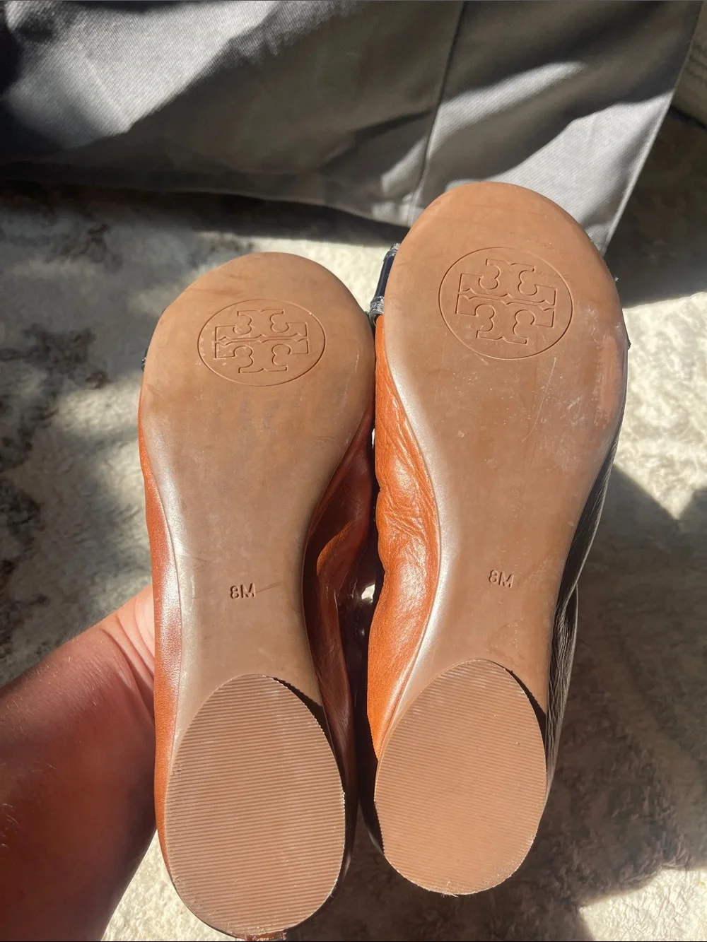 Tory Burch Brown Leather & Black Patent Toe Ballet Flats with Gold Buckle size 8